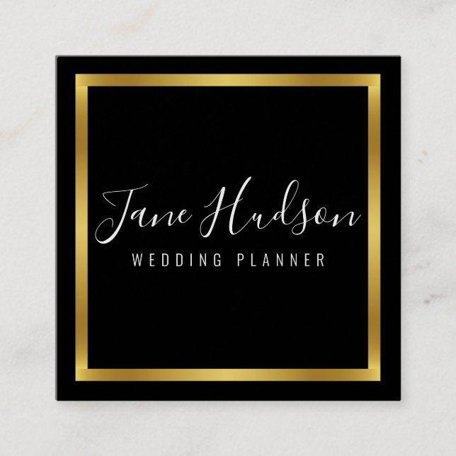 Elelgant Gold Black Minimalist Editable 2.5x2.5 Sq Square Business Card (Front)