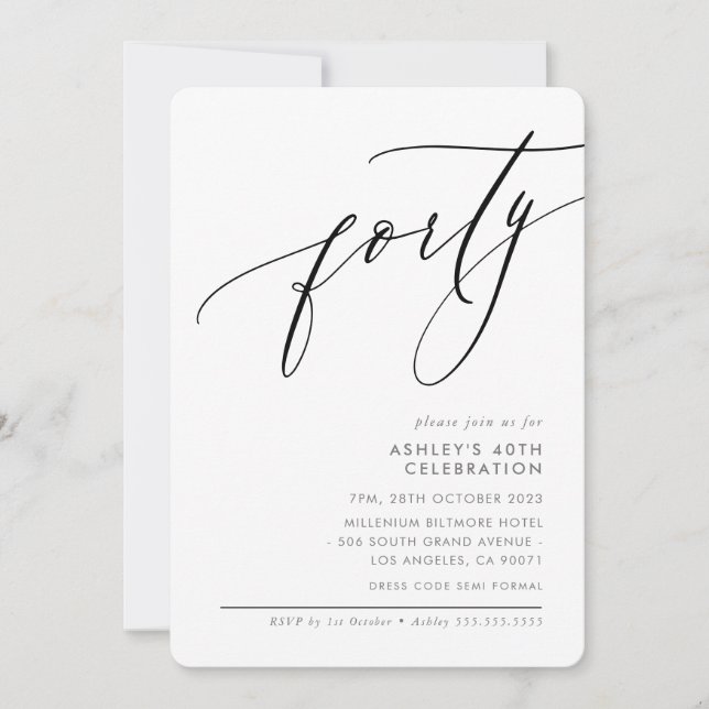 ELELGANT modern Calligraphy 40th party black Invitation (Front)
