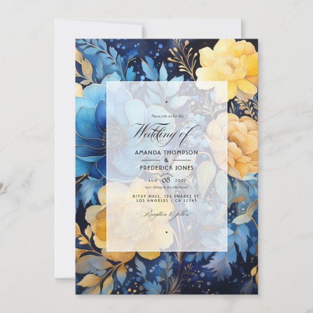 Elemental Blue and Gold Floral Wedding Invitation (Front)