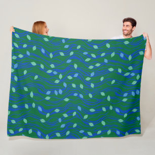 Elemental Flow Emerald Green Cobalt Blue w Leaves Fleece Blanket