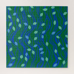 Elemental Flow Emerald Green Cobalt Blue w Leaves Jigsaw Puzzle
