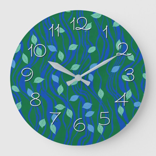 Elemental Flow Emerald Green Cobalt Blue w Leaves Large Clock (Front)