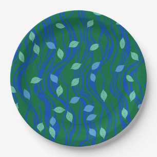Elemental Flow Emerald Green Cobalt Blue w Leaves Paper Plate