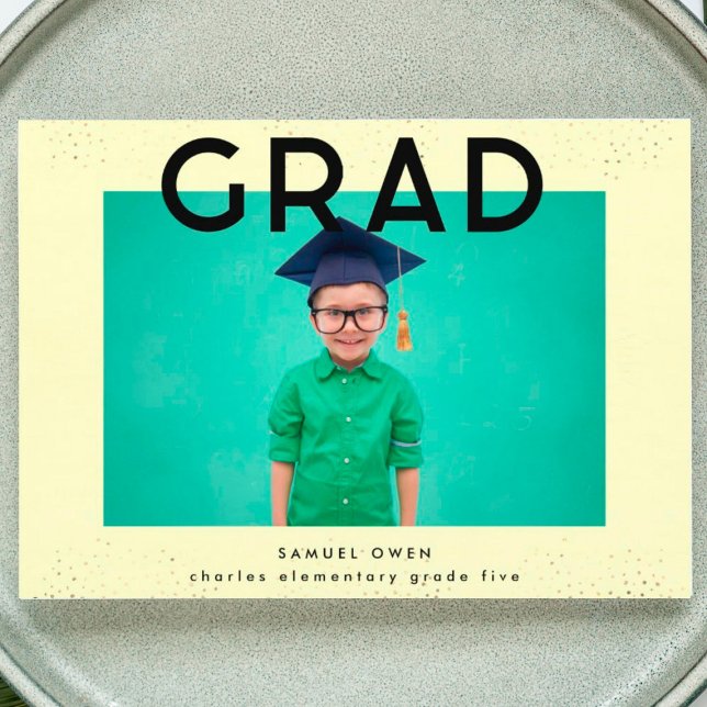 Elementary Black Yellow Text Modern Two Photo Grad Announcement (Creator Uploaded)