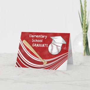 Elementary Graduation Baseball Bat and Hat on Red Card