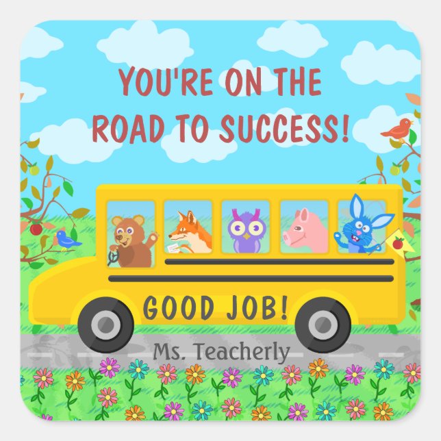 Elementary School Cute Bus Road to Success Class Square Sticker (Front)