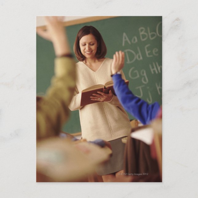 Elementary school students raising their hands postcard (Front)