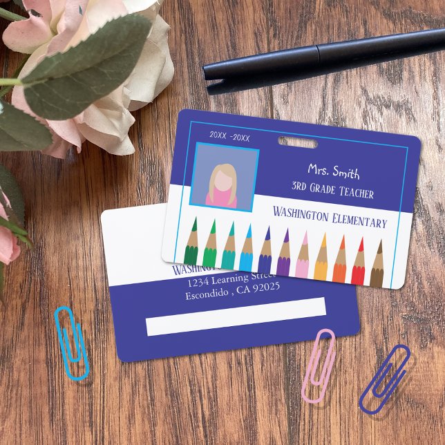Elementary School Teacher Blue Photo ID Badge (Elementary school teacher blue and white horizontal photo ID badge.)