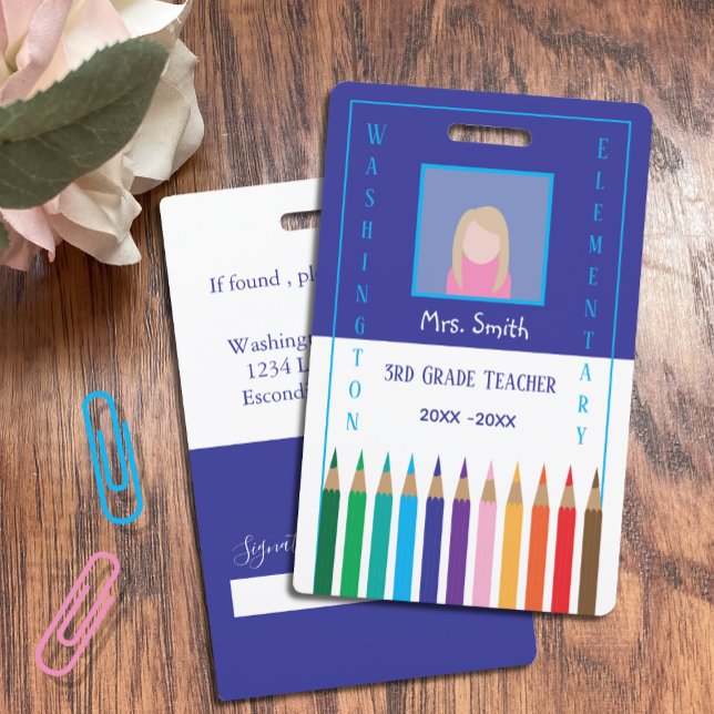 Elementary School Teacher colour pencils Photo ID  ID Badge (Elementary school teacher blue and white vertical photo ID badge . )