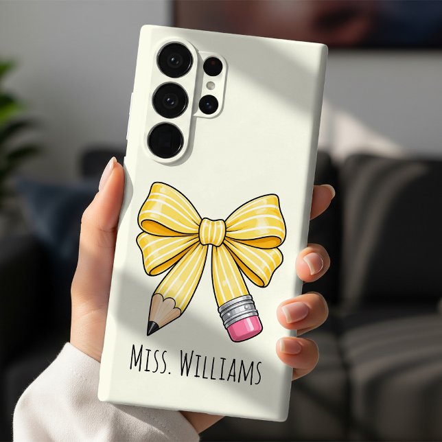 Elementary School Teacher Custom Name Pencil Bow Samsung Galaxy S22+ Case (Cute Coquette Teacher Bow iPhone Case | Personalized Educator Teacher Birthday Gift Phone Case)