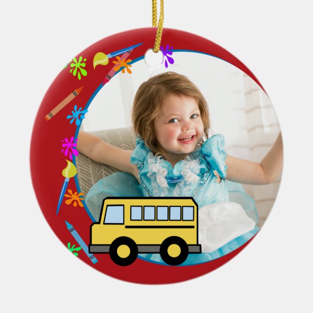 Elementary Years School Bus Photo Ceramic Tree Decoration (Front)