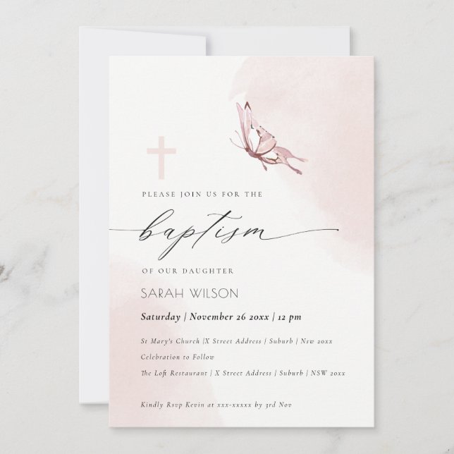 Elenant Blush Watercolor Butterfly Baptism Invitation (Front)