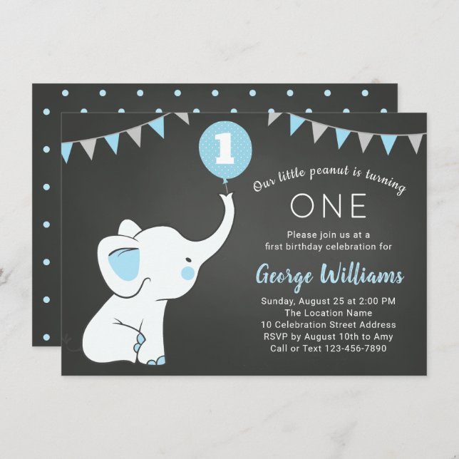Elephant 1st Birthday Boy Invitation - Custom Age (Front/Back)