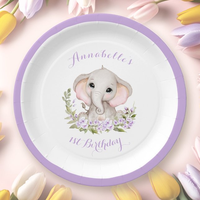 Elephant 1st Birthday Girl Floral Purple Spring Paper Plate (Elephant 1st Birthday Girl Floral Purple Spring Paper Plates)