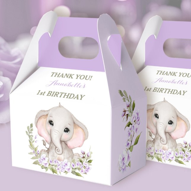 Elephant 1st Birthday Girl Spring Purple Floral Favour Box (Elephant 1st Birthday Girl Spring Purple Floral Favor Boxes)
