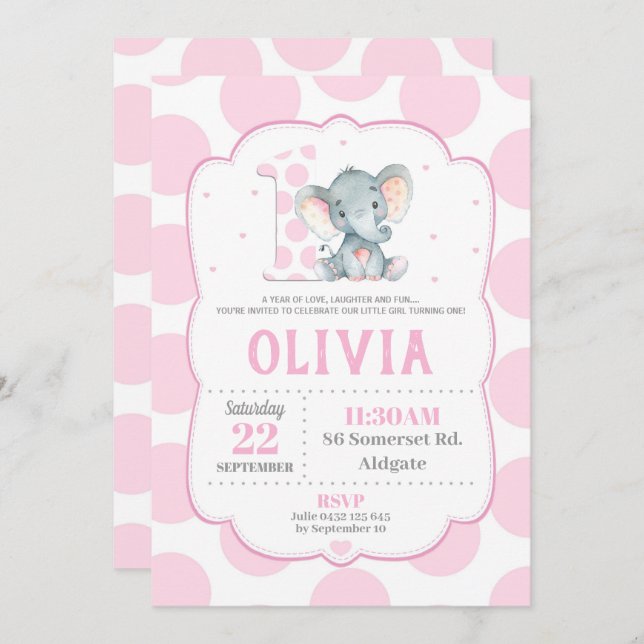 Elephant 1st Birthday Invitation Pink Polka Dots (Front/Back)