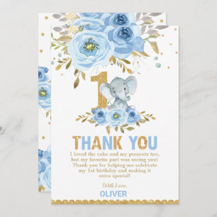 Elephant 1st First Birthday Blue Floral Flowers Thank You Card