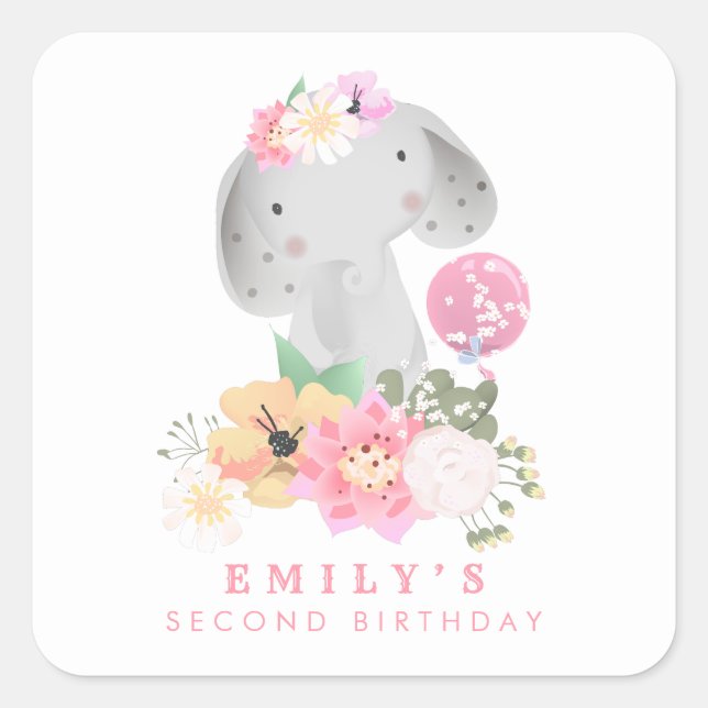 Elephant 2nd Birthday Name Safari Pink Girl Square Sticker (Front)