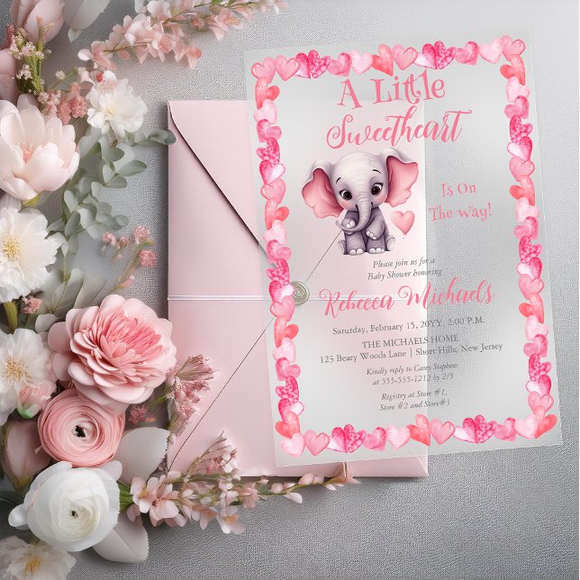 Elephant A Little Sweetheart Girl Baby Shower Acrylic Invitations (Elephant "A Little Sweetheart Is On The Way!" Pink Hearts Girl Baby Shower Acrylic Invitation)