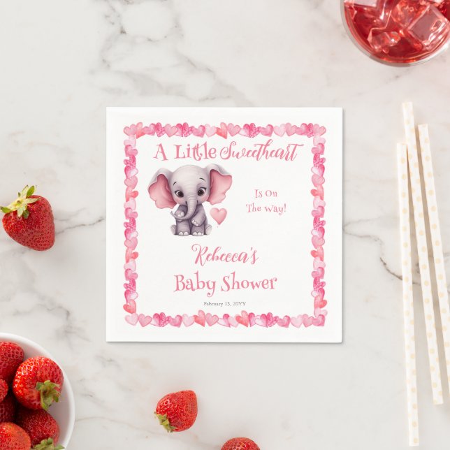 Elephant A Little Sweetheart Girl Baby Shower Napkin (Insitu)