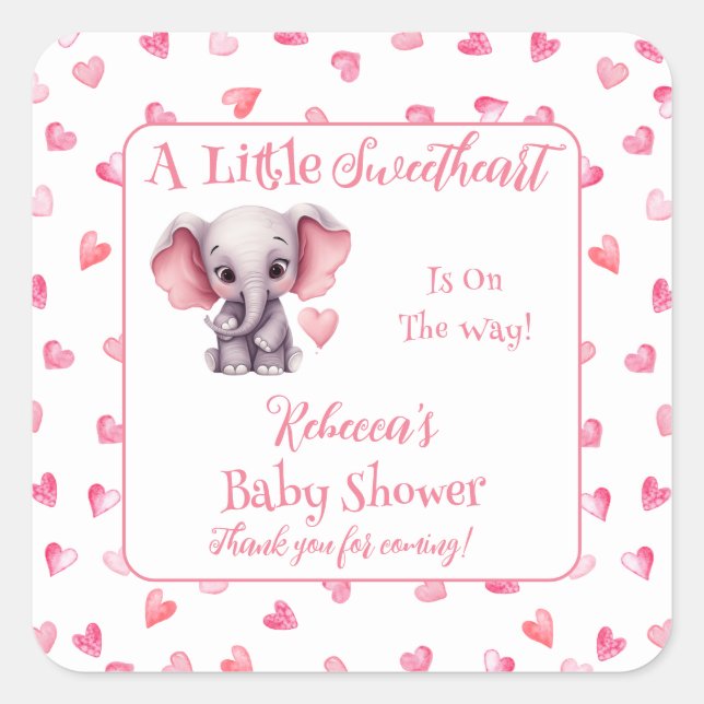 Elephant A Little Sweetheart Girl Baby Shower Square Sticker (Front)