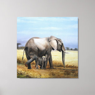Elephant and a calf oil painting canvas print