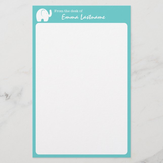 Elephant and Aqua Personalised Stationery (Front)