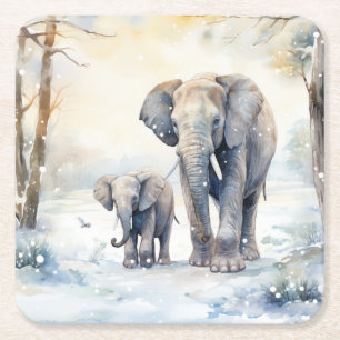 Elephant and Baby Square Paper Coaster