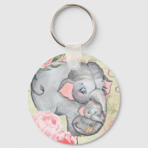 Elephant and Baby Vintage Floral Mothers Day Key Ring
