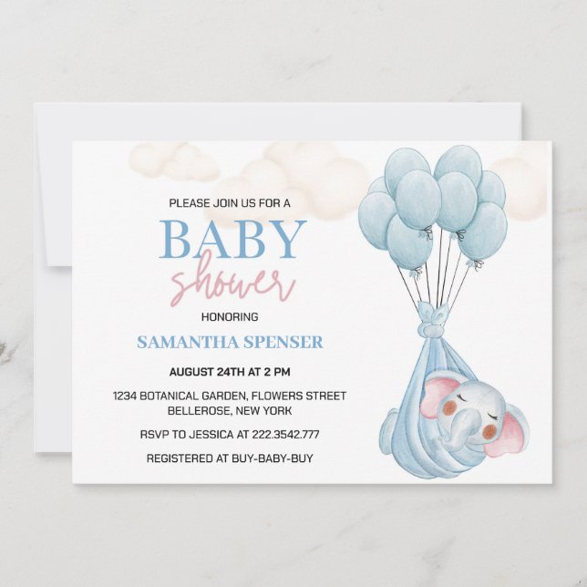 Elephant And Blue Balloons Baby Shower Invitation (Front)