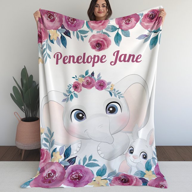 Elephant and Bunny Maroon Roses Custom Name Fleece Blanket (Elephant and Bunny Maroon Roses Custom Name Fleece Blanket (L))