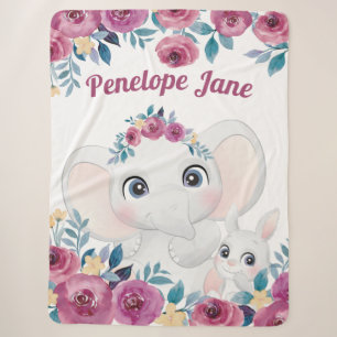 Elephant and Bunny + Maroon Roses Custom Name Sherpa Blanket