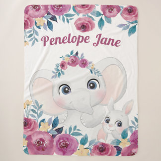 Elephant and Bunny + Maroon Roses Custom Name Sherpa Blanket