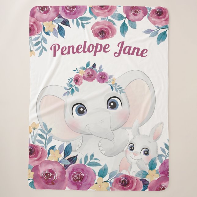 Elephant and Bunny + Maroon Roses Custom Name Sherpa Blanket (Front)