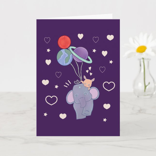Elephant and Bunny Space Balloon Ride | Whimsical  Card (Small Plant)