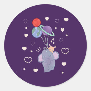 Elephant and Bunny Space Balloon Ride Whimsical Classic Round Sticker