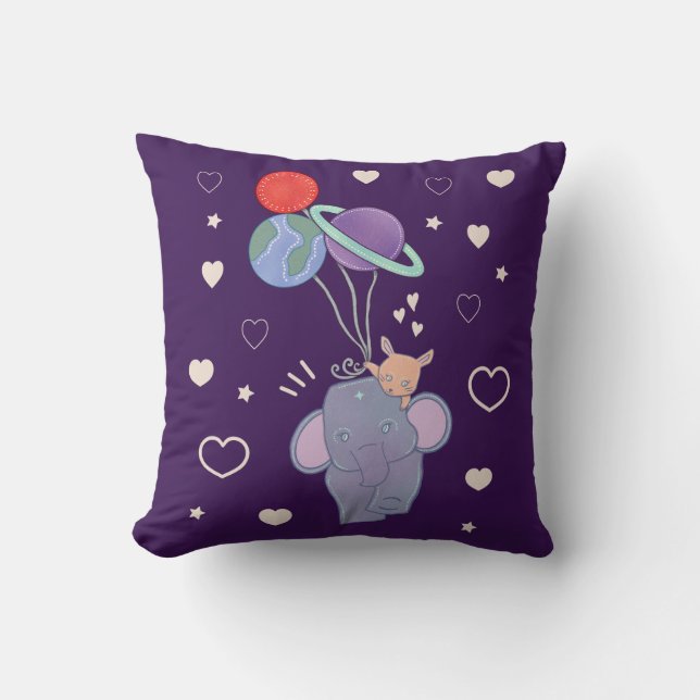 Elephant and Bunny Space Balloon Ride | Whimsical  Cushion (Front)