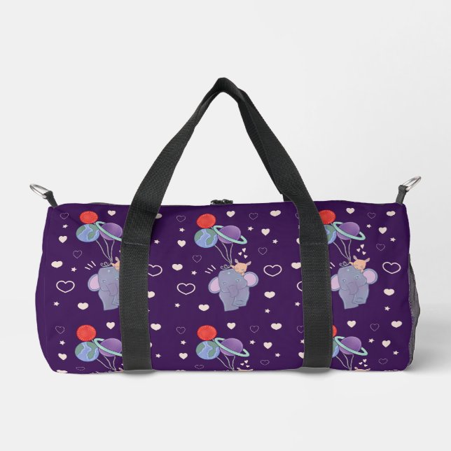 Elephant and Bunny Space Balloon Ride | Whimsical  Duffle Bag (Front)