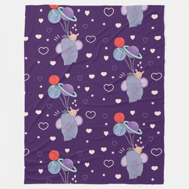 Elephant and Bunny Space Balloon Ride | Whimsical  Fleece Blanket (Front)