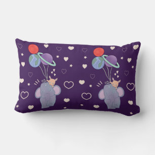 Elephant and Bunny Space Balloon Ride Whimsical Lumbar Cushion