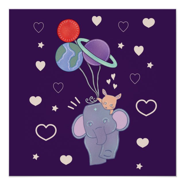 Elephant and Bunny Space Balloon Ride | Whimsical  Poster (Front)