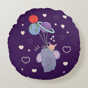 Elephant and Bunny Space Balloon Ride Whimsical Round Cushion