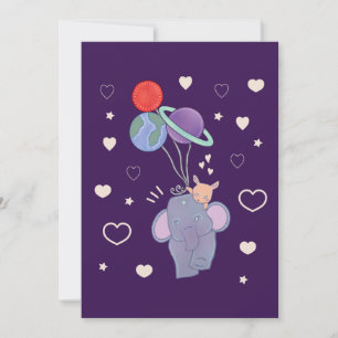 Elephant and Bunny Space Balloon Ride   Whimsical  Thank You Card
