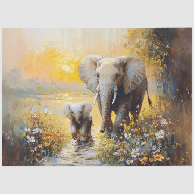 Elephant and Calf Flowers and Sunset Decoupage Tissue Paper (Front)