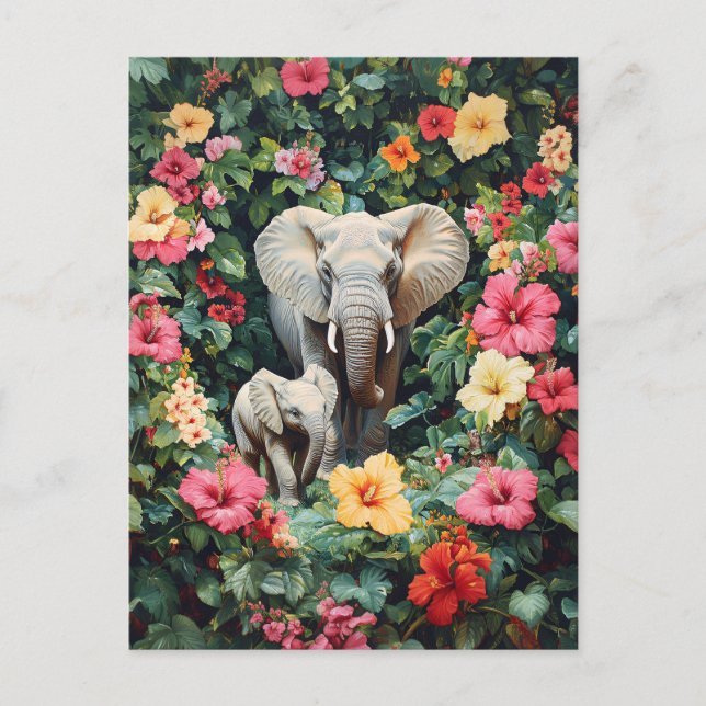 Elephant and Calf Hibiscus Flowers Postcard (Front)