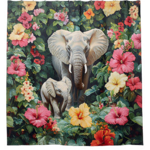 Elephant and Calf Hibiscus Flowers Shower Curtain