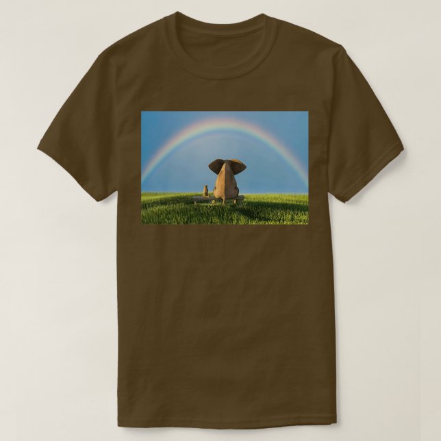 Elephant And Dog Sitting Under The Rainbow On A Gr T-Shirt (Design Front)