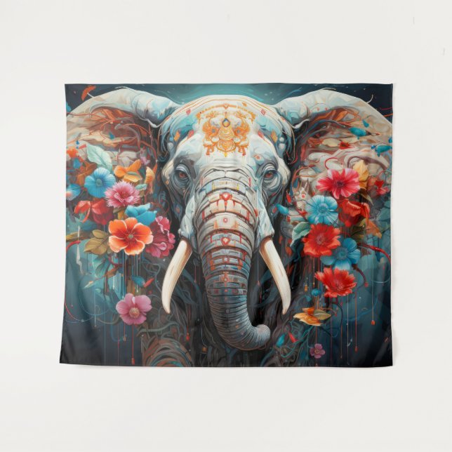 Elephant and Flowers Tapestry (Front (Horizontal))