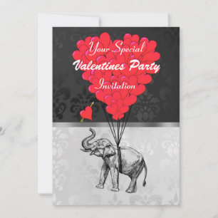 Elephant and heart on damask valentines party invitation