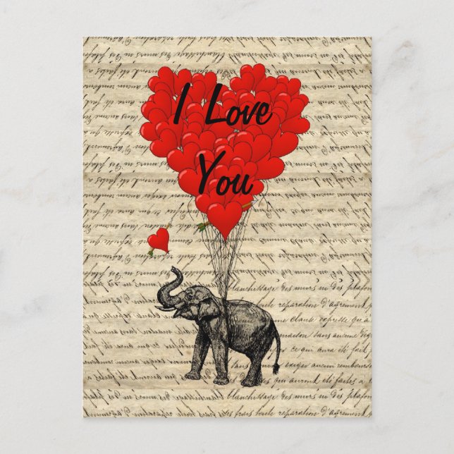 Elephant and heart shaped balloons postcard (Front)